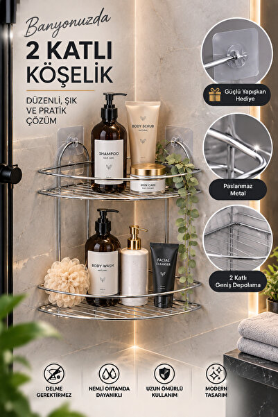 Mecra Life 2 Katlı Yapışkanlı Banyo Köşeliği Paslanmaz Çelik – Delmeden Monta...