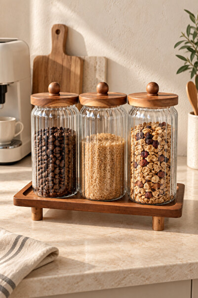 Mottogo Set of 3 1300 ml Glass Jars with Acacia Wooden Lids and Stand, Stripe...