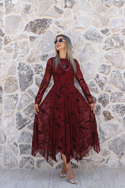 bytugcekaya Bordo Asimetrik Kesim Sim İşlemeli Uzun Elbise