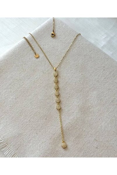GK LUXURY & FASHION Women's Gold Steel Y Necklace with Stone Round Detail and Long Pendant Elegant Necklace