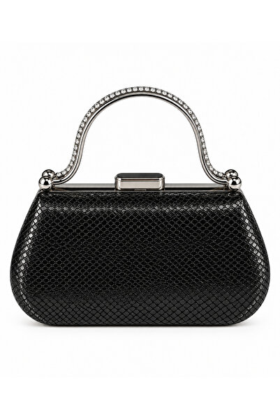 GNC DESİGN Siyah Dokulu Taşlı Saplı Kadın Abiye Clutch Çanta Düğün Davet ve Gece Çantası