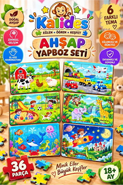 kalides Ahşap PUZZLE SETİ 36 Parça – 6 Farklı Temalı Yapboz | Eğitici Öğretic...