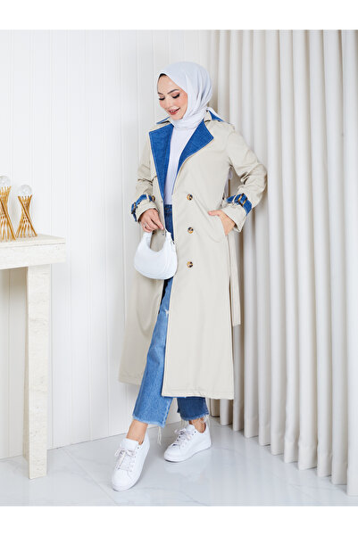 EFSUN MODA معطف نسائي من الدنيم بتفاصيل مفصلة