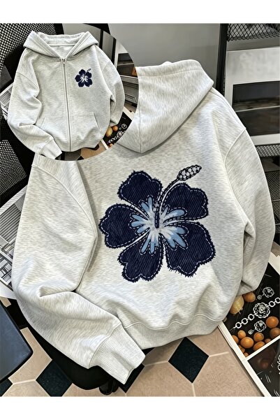Toum Night Flower's Design Oversize Zippered Unisex Hooded Cardigan