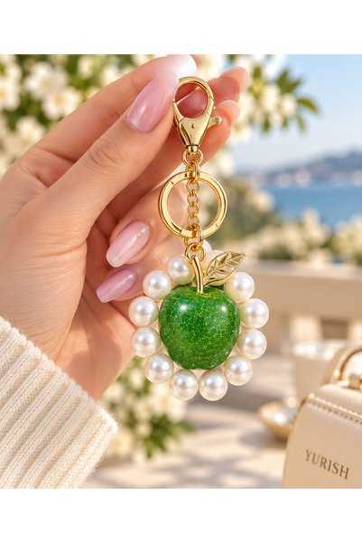 YURISH Women's Gold Chain Silvery Pearl Model Shimmering Green Apple Keychain Bag Ornament Fruit Accessory Charm