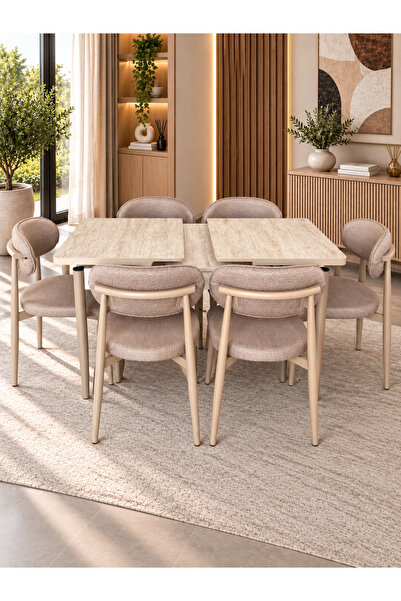 DEREN HOME Calvin Traverten 80x130 Ölçü Açılabilir Masa +6 Adet Metal İskelet...