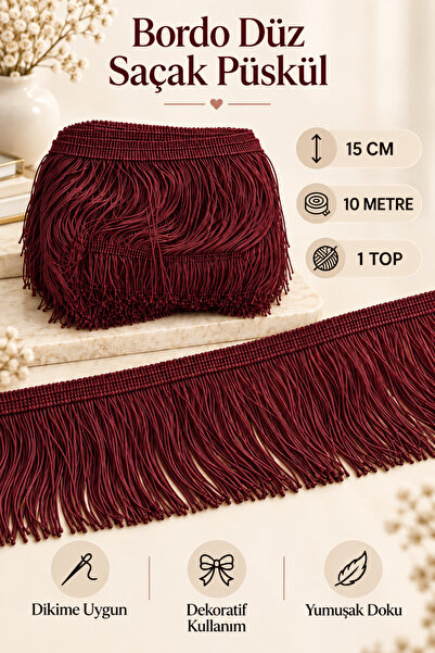 kubbe tekstil aksesuar Bordo Düz Saçak Püskül 15 cm 10 Metre – Perde, Runner,...