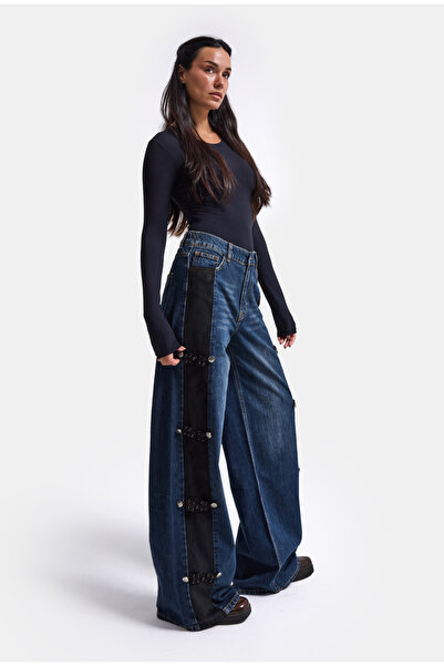 it's basic Kadın Mavi Straight Fit Süet Detaylı Özel Tasarım Napolyon Denim Jean