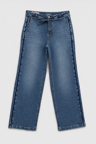 blue white Kadın Yüksek Bel Kemerli Wide Leg Mavi Jean Pantolon