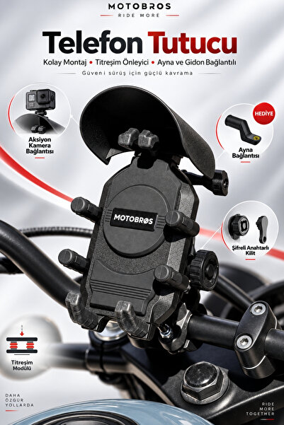 Motobros Motosiklet Telefon Tutucu Motor Telefon Tutucu M-39 Şifreli Titreşim Önleyici Gidon Ayna Bağlantılı