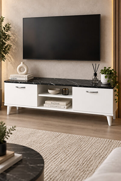 ES138 BEYAZ - MERMER DESENLİ - Raflı TV Ünitesi 138 CM