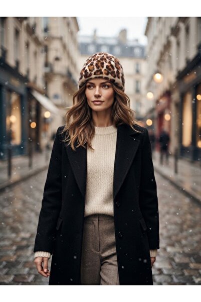 Belifanti Collection Women's Winter Leopard Patterned Plush Beanie Beige