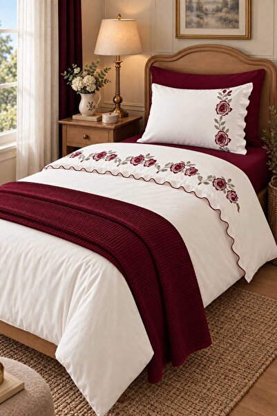 İK TEKSTİL Rosalin Rose Embroidered and Ruffled 100% Cotton 5 Piece Single Du...
