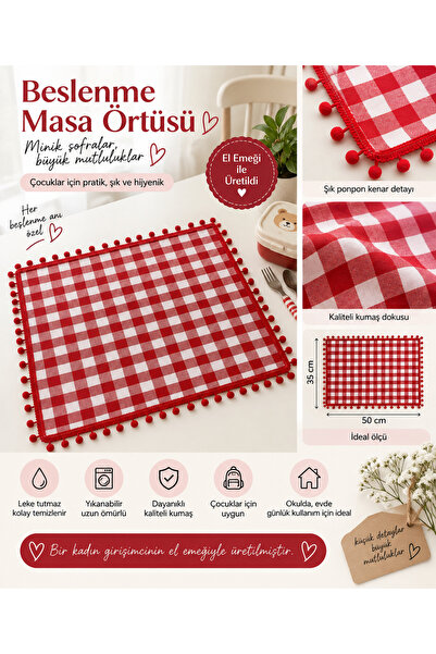 El Emeği Okul Beslenme Masa Örtüsü 35x50 cm – Leke Tutmayan, Yıkanabilir, Öze...