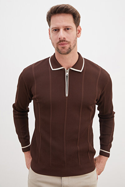 Fulla Moda Half-Zip Striped Polo Collar Knit Sweater