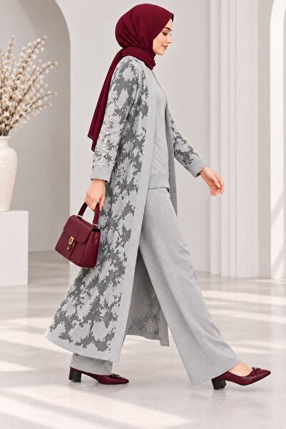 MAY MARA Women's 3-Piece Suit with Pearls on the Sleeves, Cotton and Jacquard, 3-Piece Blazer, Cardigan and Pants Set
