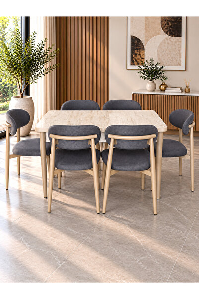 DEREN HOME Calvin Traverten 80x130 Ölçü Açılabilir Masa +6 Adet Metal İskelet...