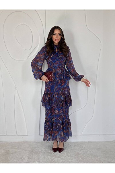 Saks Paisley Desenli Şifon Volanlı Uzun Kollu Elbise