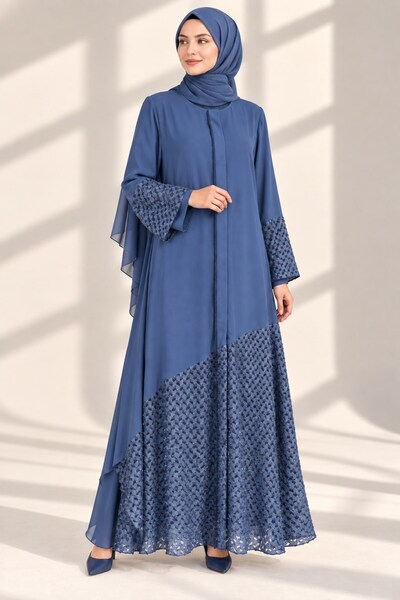 ottoman wear Büyük Beden Özel Dokulu Asimetrik Şifon Ferace İndigo OTW36117