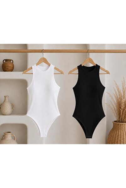 ESADE Kadın 2 li Çift Katlı Kolsuz Çıtçıtlı Body Bisiklet Yaka Esnek Basic Bo...