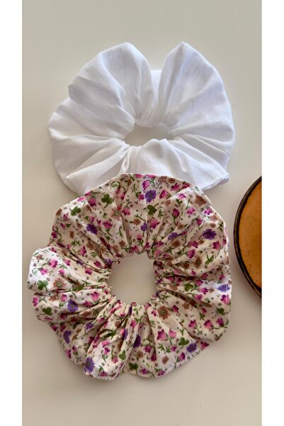 YOYYO Set of 2 White and Pink Floral Patterned Ruffled Fabric Scrunchie Hair ...