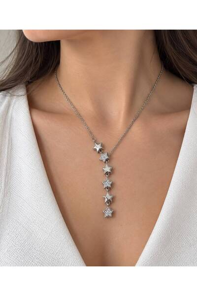 GK LUXURY & FASHION Women's Silver Steel Star Necklace with Stone and Danglin...