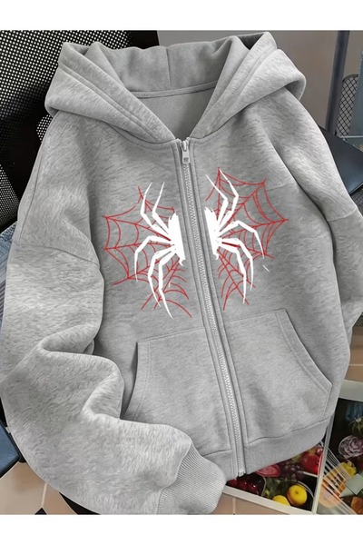 Touz Moda Spiderheart Design Oversize Zippered Unisex Hooded Cardigan