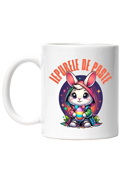 INOVATIX Cana alba personalizata,Iepure Alb Cu Pelerina Multicolor Si Papion ...