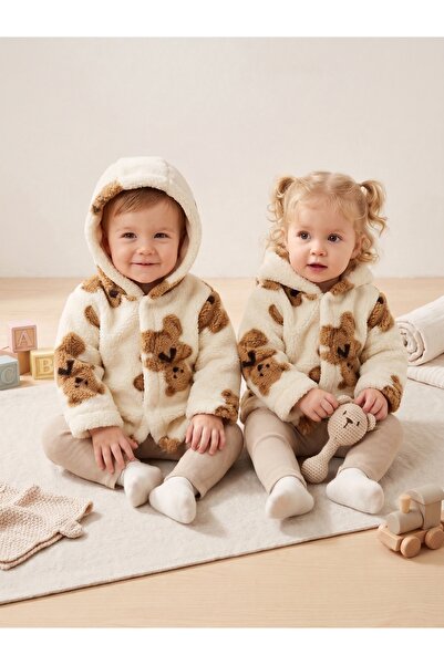 Deniva Kids Kız & Erkek Bebek Ayıcık Desenli Kapüşonlu Peluş Hırka Ceket
