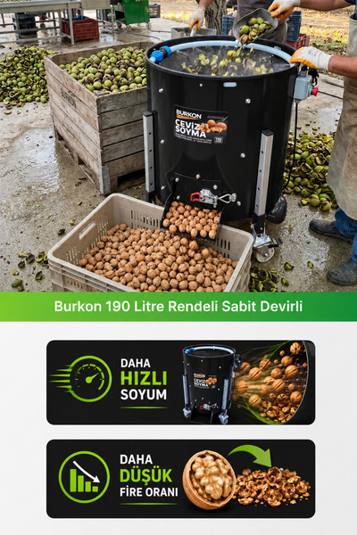 BURKON MAKINE Burkon 190 Litre Rendeli Sabit Devirli Ceviz Soyma Makinesi 2026 Üretim