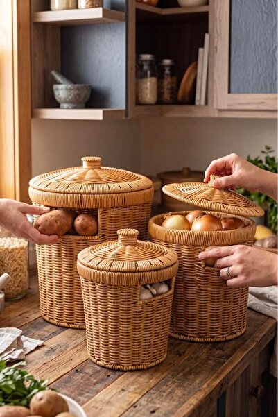 MaperaHome 3'lü Patates Soğan Sarımsak Sepeti Seti - Rattan Dekoratif ve Düze...