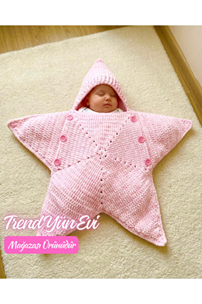 TrendYünEvi El Örgüsü Pembe Kadife Yıldız Bebek Tulumu (0-6Ay)