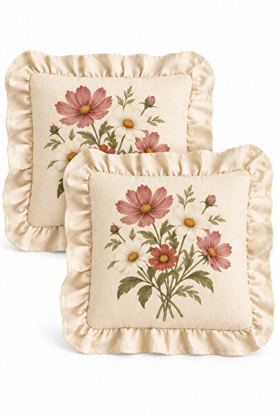 Voxstore 2'li Dekoratif Kırlent Kılıfı 45x45 cm Fırfırlı Çiçek Desenli Ham Be...