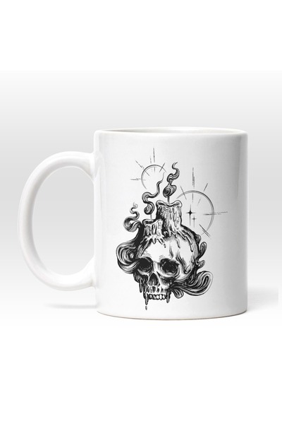 INOVATIX Cana alba personalizata,Craniu De Om Mort,Doua Lumanari Stinse,Filme...