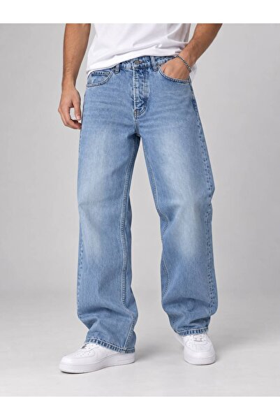 Erkek Açık Mavi Baggy Jean Pantolon Baggy Fit Bol Paça
