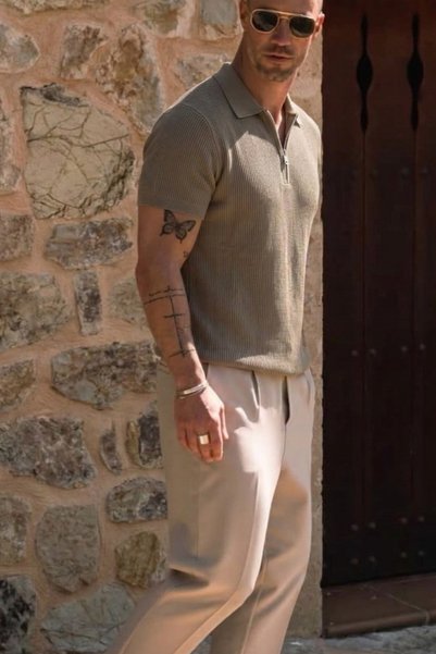 GIA - ART Men's Textured Corded Fabric Knitwear T-Shirt Mink - Polo Collar, Half Zipper, Fit, Summer, Knitted