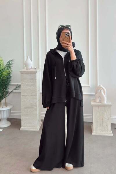 Miraydın Butik طقم بنطلون نسائي واسع الساق بتفاصيل سحاب وقلنسوة M62813 - أسود