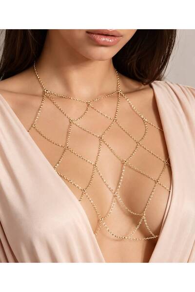 Arescollection GOLD RENK ZİNCİRLİ ŞIK BÜST VUCUT GÖĞÜS KOLYESİ