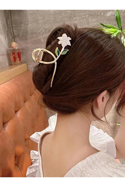 Glamluxe Gold Beyaz Çiçek Figürlü Mineli Metal Mandal Toka - Şık Saç Klipsi