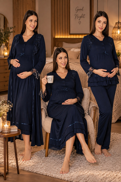 lohusahamile 100% Cotton Lace Detailed 4-Piece Maternity Set with Hidden Brea...