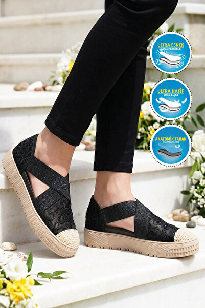 Voyager Black Straw Detailed Anatomical Sole Casual Shoes with Side Elastic B227