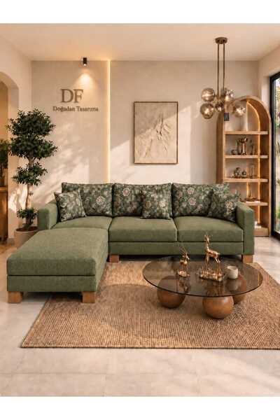 Doğa DF Form Özel Gürgen Köşe Koltuk 290x180 cm – Desenli Kırlentli Modern Ta...