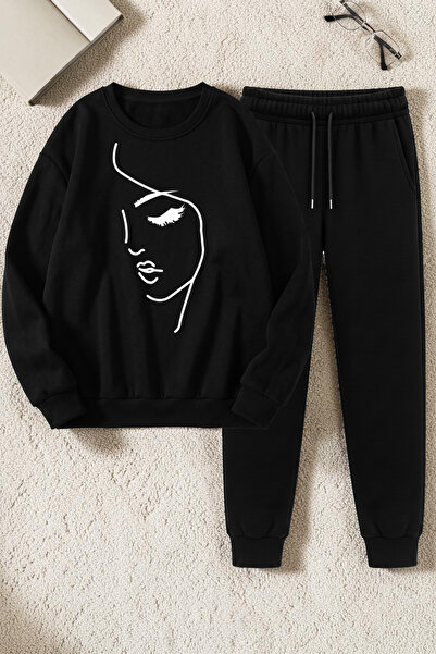 uyguntarz Unisex Silhouette Printed Crew Neck Sweatshirt - 2-Piece Tracksuit Set