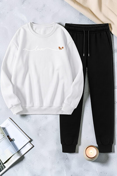 uyguntarz Unisex Heart Ribbon Printed Crew Neck Sweatshirt - 2-Piece Tracksui...