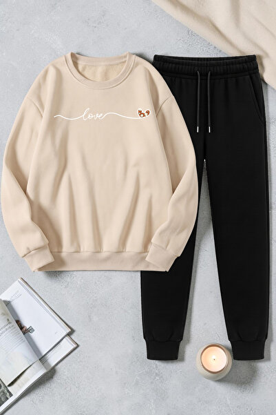 uyguntarz Unisex Heart Ribbon Printed Crew Neck Sweatshirt - 2-Piece Tracksui...