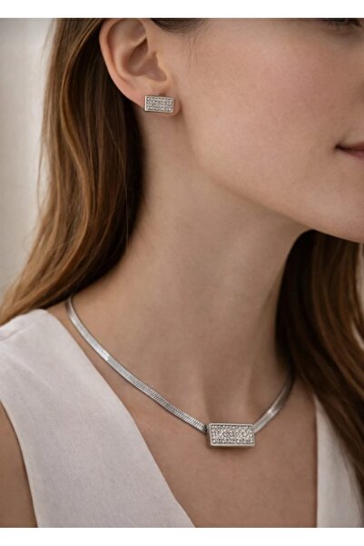 Lunarie Silver Snake Chain Stone Necklace Earrings Vintage Jewelry Set - Zirc...