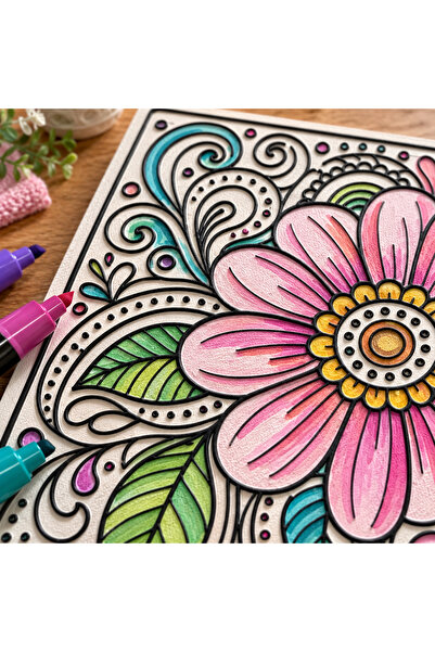 Kabartmalı Çiçek Mandala Boyama Panosu – Boyanabilir Floral Desen – Yetişkin ve Çocuk Yaratıcı Hobi Etkinliği
