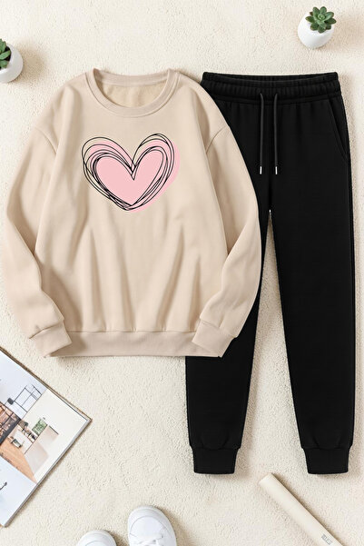 uyguntarz Unisex Cream Heart Printed Crew Neck Sweatshirt - 2-Piece Tracksuit...