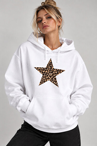 Jooy Leopar Yıldız Baskılı Kadın Kapüşonlu Sweatshirt Hoodie