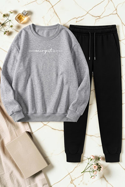 uyguntarz Unisex Energetic Printed Crew Neck Sweatshirt - 2-Piece Tracksuit Set